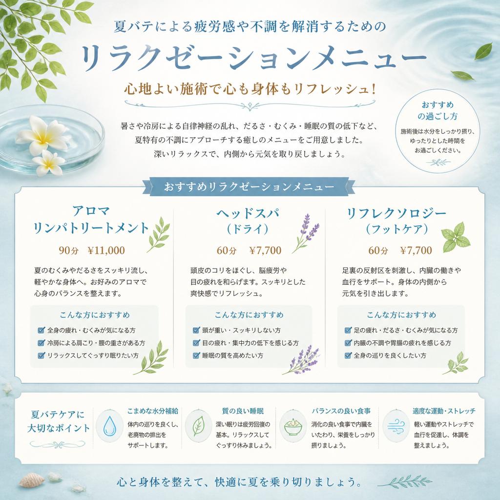 夏バテ解消！心身を整えるエステ体験