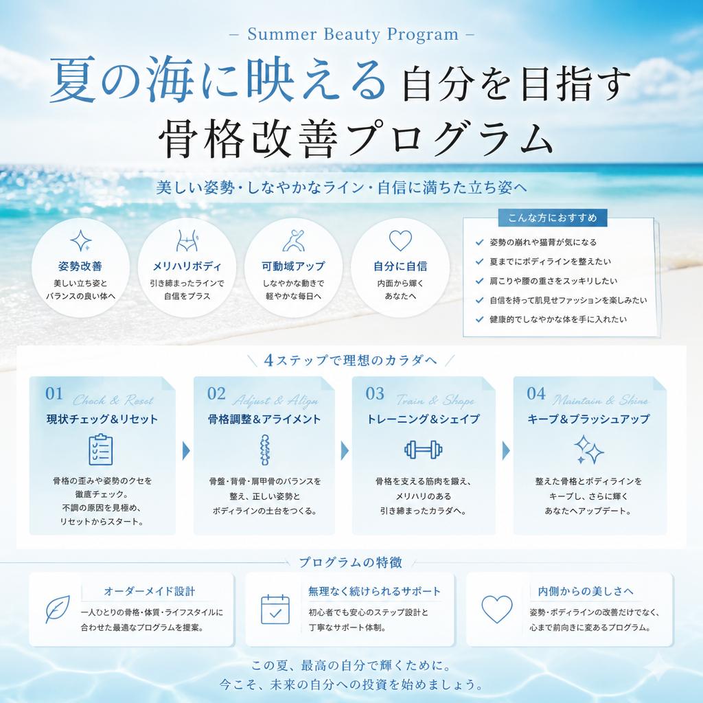 夏の海に映える自分を目指す骨格改善プログラム